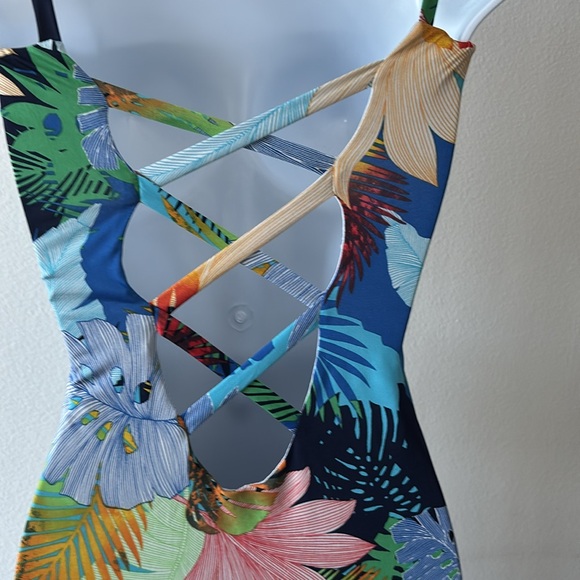 Tropical Floral Dress Sz M Bodycon Crisscross Open Back Resort Y2K Glam Festival - Picture 10 of 11